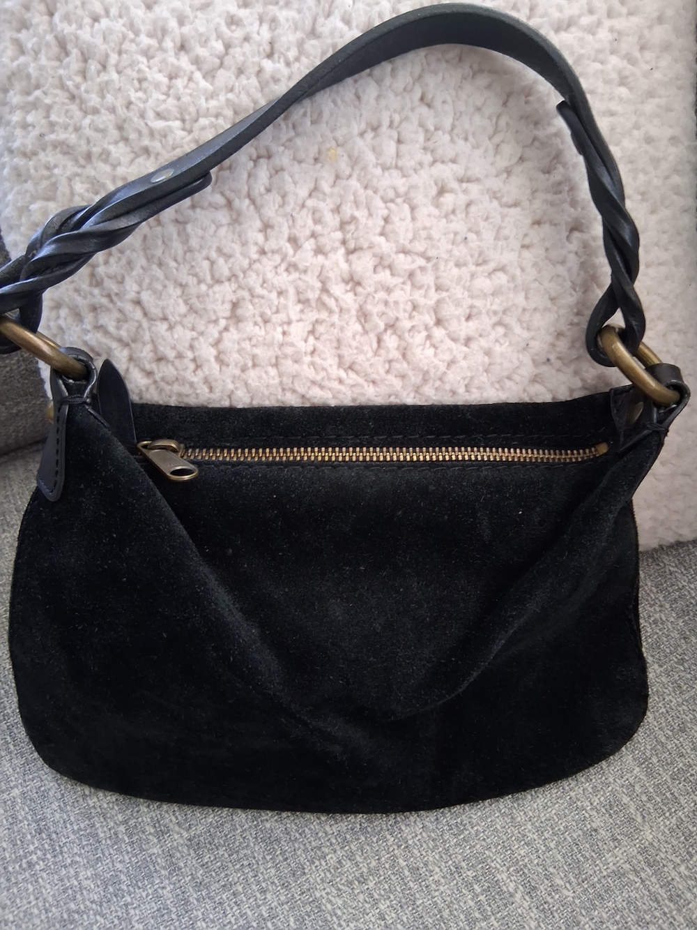 Black Suede Shoulder Bag with Braided Handle